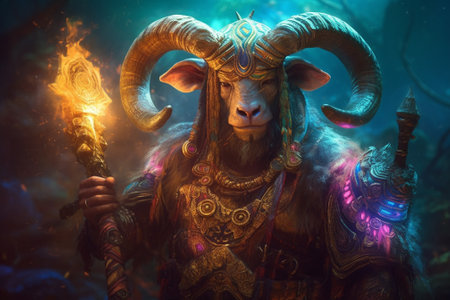 Fantasy scene with horned ram in fantasy forest. Fantasy world.の素材