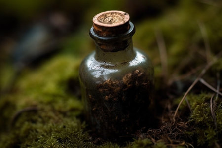 Old magic bottle on moss in the forest. Selective focus.の素材