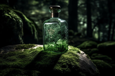 Magic potion bottle with forest background. Halloween concept. Selective focusの素材