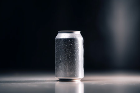 Aluminum can with water drops isolated on black background, closeupの素材