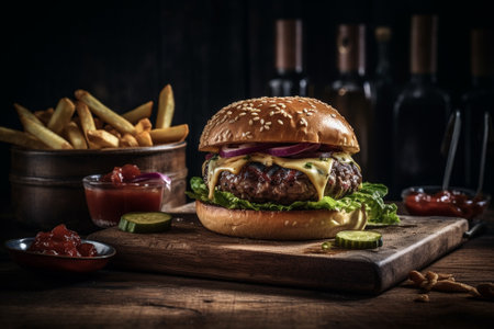 Homemade hamburger with french fries and ketchup on wooden backgroundの素材