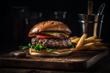 Cheese burger - American cheese burger with Golden French fries on wooden backgroundの素材