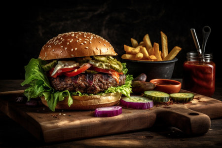 Cheese burger - American cheese burger with fresh salad on wooden backgroundの素材