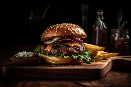 Cheese burger - American cheese burger with fresh salad and red onionの素材