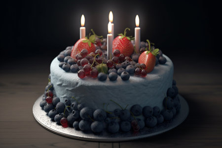 Birthday cake with fresh berries and burning candles on a dark backgroundの素材