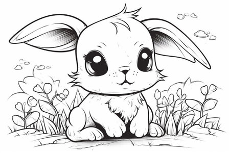 Cute little bunny sitting in the grass. Vector illustration for coloring book.の素材