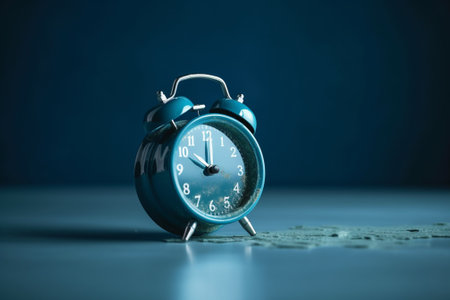 Blue alarm clock on a blue background. Time to wake up.の素材