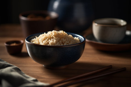 Japanese rice in a blue bowl with chopsticks on a wooden tableの素材