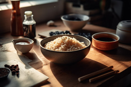 Japanese rice in bowl with chopsticks and soy sauce on wooden tableの素材