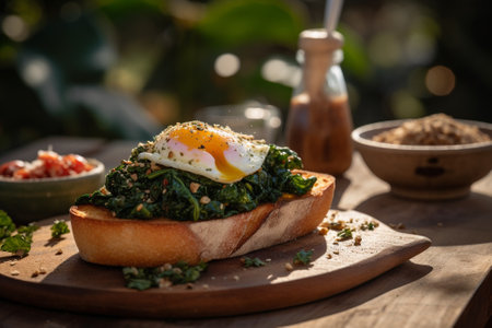 Healthy breakfast with poached egg and spinach on toasted bread  and tomato sauce on wooden tableの素材