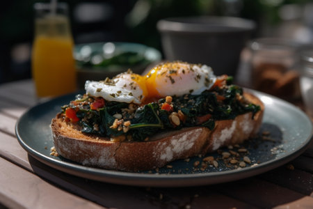 Toast with poached egg and spinach on wooden table, closeupの素材
