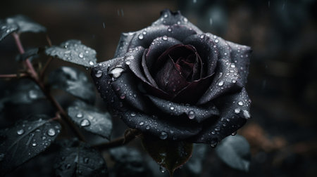 Beautiful black rose with dew drops on a dark background.の素材