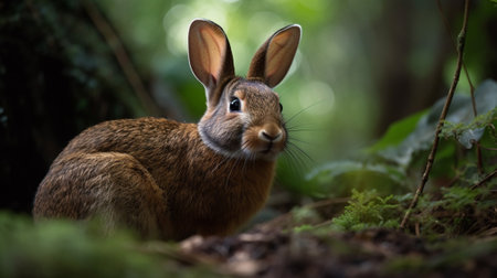 Rabbit in the forest. Animal in the nature habitat. Wildlife scene from nature.の素材