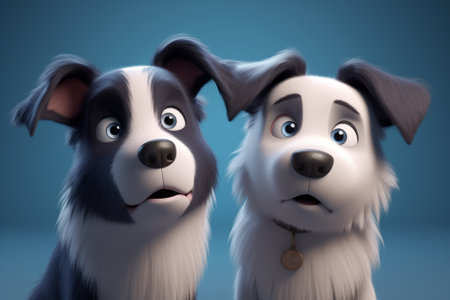 Two dogs with different emotions on blue background. 3D rendering.の素材