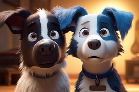 Two funny dogs with blue eyes. 3d illustration. Selective focus.の素材