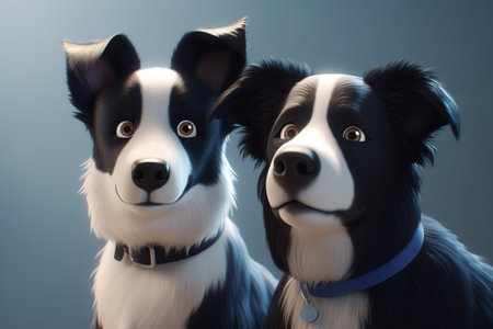 Two dogs border collie on blue background. 3D rendering.の素材