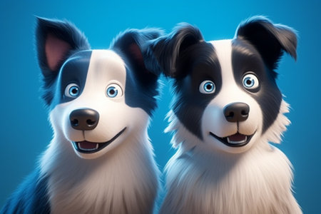 3D rendering of a border collie dog family on blue backgroundの素材