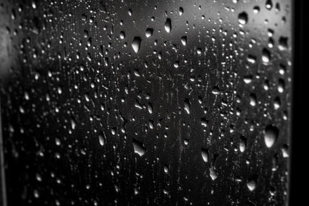 Water drops on black glass. Black and white photo. Abstract background.の素材