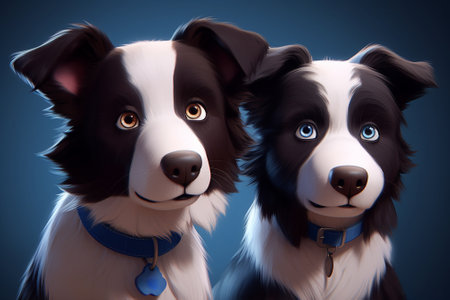 Funny portrait of two cute smiling puppy border collie dogs. Dog lover concept.の素材