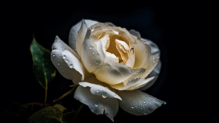 Beautiful white rose with water droplets on a black background.の素材