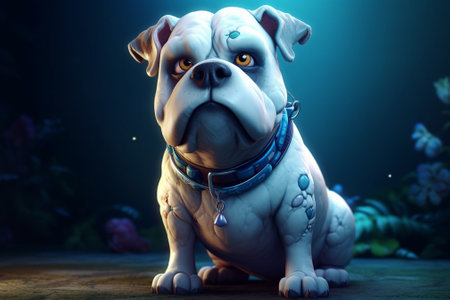 Bulldog with blue eyes on a dark background. 3d renderingの素材