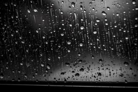 Rain drops on the window. Raindrops on the glass. Black and whiteの素材
