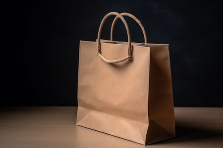 Brown paper bag on wooden table and black wall background. Shopping concept.の素材