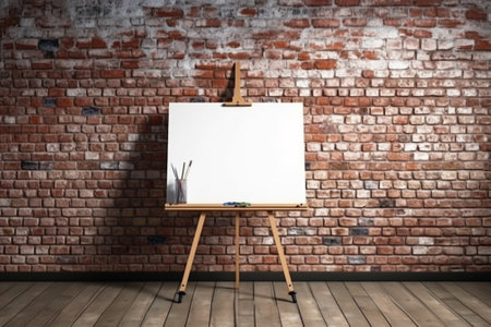 An easel with a blank canvas on a brick wall background.の素材