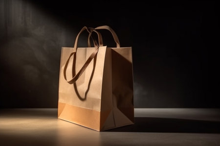 Brown paper bag on a dark background. Copy space for text.の素材