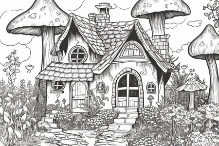 House in the garden. Black and white illustration for coloring book.の素材