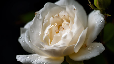 Beautiful white rose with dew drops on a black background.の素材