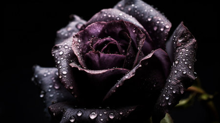 Dark purple rose with water drops on black background. Close up.の素材