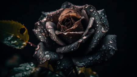 Beautiful black rose with drops of dew on a black backgroundの素材