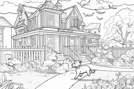 Cottage with dog. Black and white vector illustration for coloring bookの素材