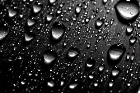 Water drops on a window glass in black and white. Abstract background.の素材