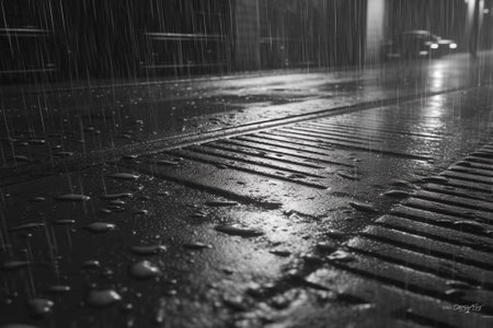 Raindrops on a wet street in the rain. Black and white photo.の素材
