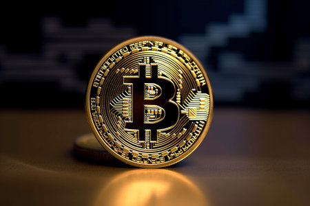 Golden bitcoin on black background. Cryptocurrency concept. Close up.の素材