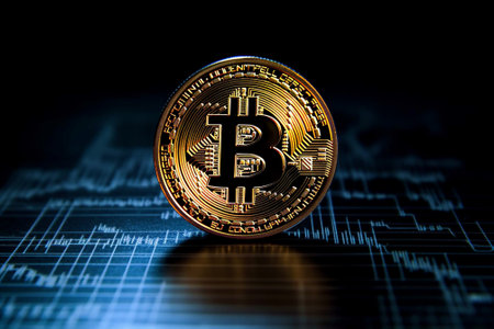 Golden bitcoin on digital background. Cryptocurrency concept. 3D Renderingの素材