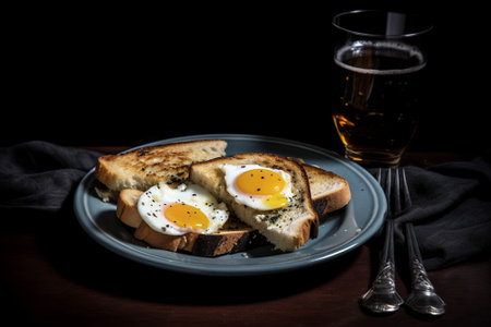 Toasted bread with fried egg on wooden table. Selective focus. Toned.の素材