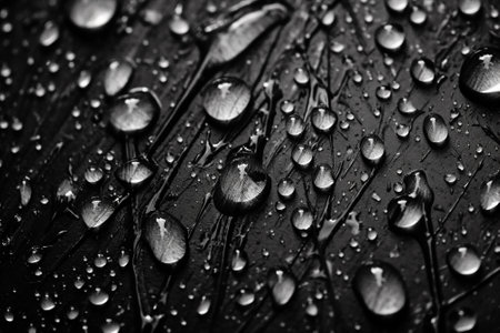 Water drops on a black metal surface. Black and white photo.の素材