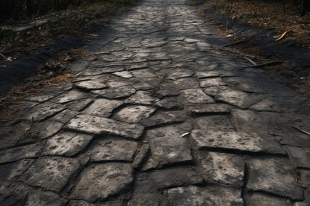 Old cobblestone road in the forest, closeup of photoの素材