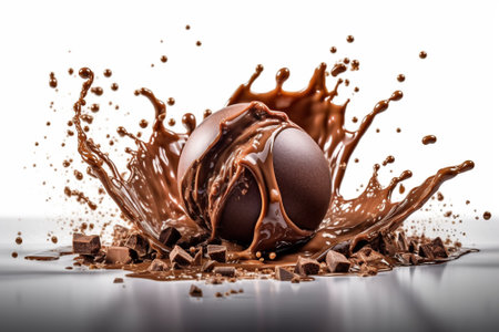 Chocolate splashing out of chocolate egg, isolated on white backgroundの素材