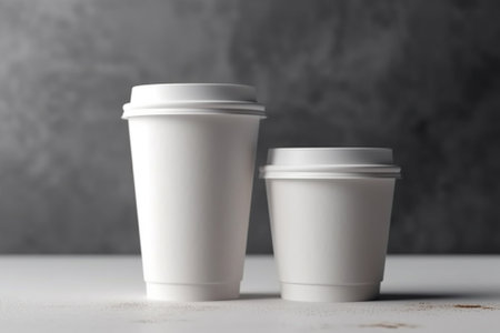 Two paper cups of coffee on a gray background. Mockup.の素材