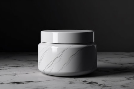 Cosmetic cream jar on white marble table against black background. Mockup for designの素材