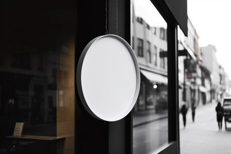 Blank round signboard on the shop window. Mock up, 3D Renderingの素材