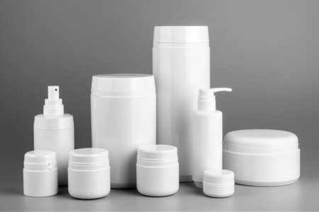 Set of cosmetic bottles and containers for cream, lotion, gel, lotion, shampoo, shower gel, cream, lotion. Isolated on gray background.の素材