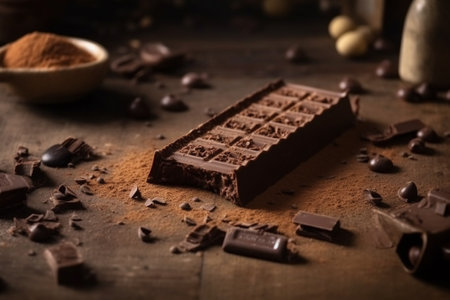 Dark chocolate with cocoa powder and pieces of chocolate on a wooden tableの素材