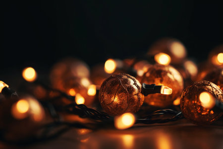 Christmas lights on dark background, closeup. Festive decoration conceptの素材