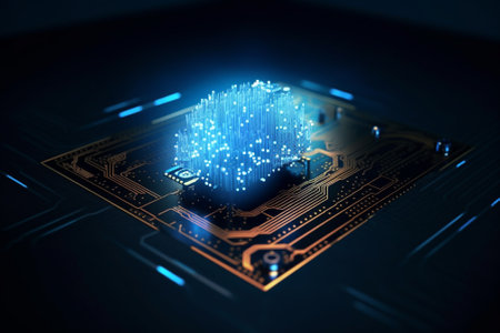 Futuristic microcircuit on dark background. 3d renderingの素材