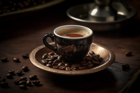 Coffee cup and coffee beans on wooden table. Dark tone.の素材